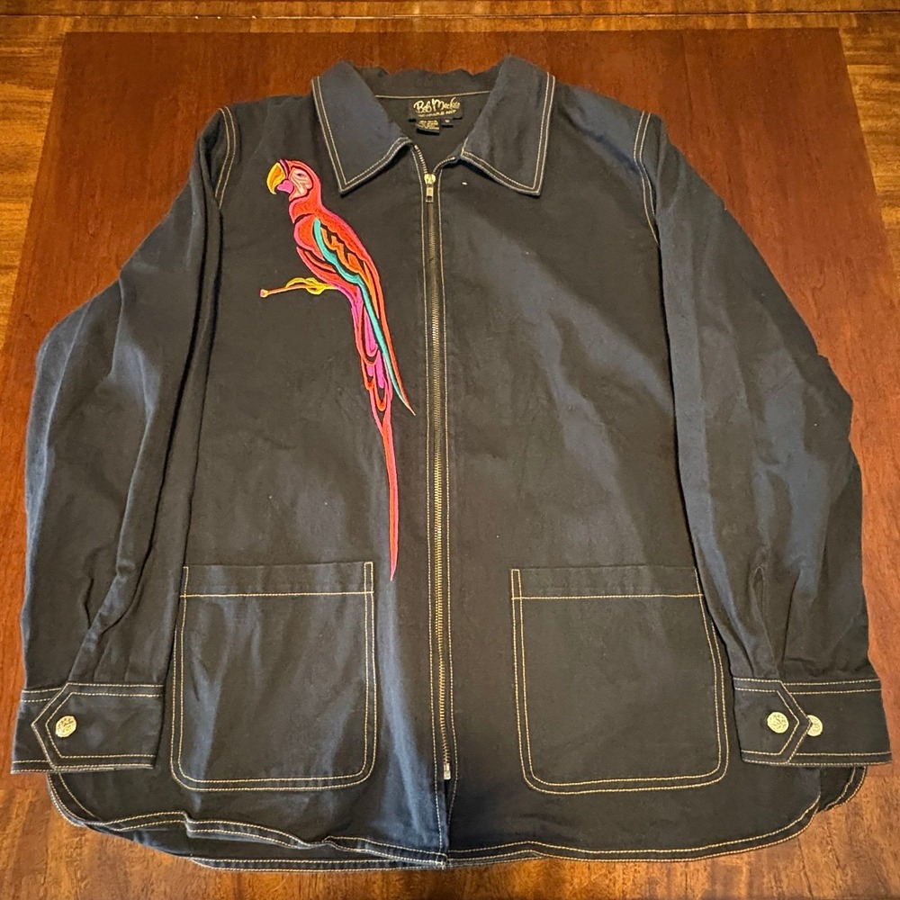 Bob Mackie Wearable Art Parrot Embroidered Jacket 1X Black Full Zip Cotton